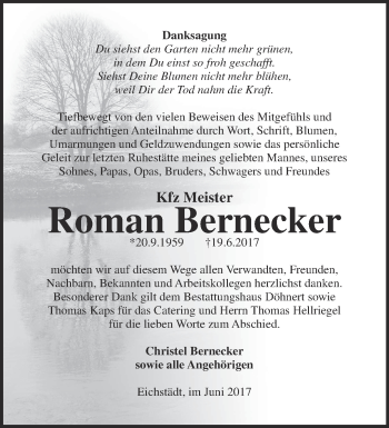 Traueranzeige von Roman Bernecker von Märkische Oderzeitung