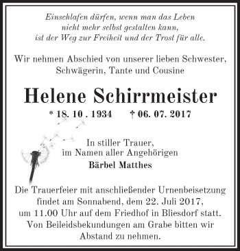 Traueranzeige von Helene Schirrmeister von Märkische Oderzeitung