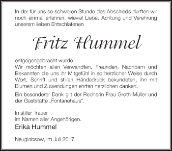 Traueranzeige von Fritz Hummel von Märkische Oderzeitung