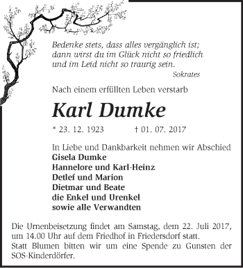 Traueranzeige von Karl Dumke von Märkische Oderzeitung