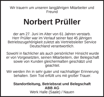 Traueranzeige von Norbert Prüller von Märkische Oderzeitung