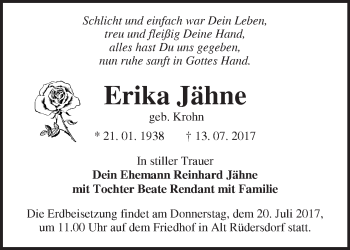 Traueranzeige von Erika Jähne von Märkische Oderzeitung