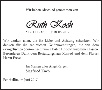 Traueranzeige von Ruth Koch von Märkische Oderzeitung