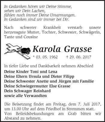 Traueranzeige von Karola Grasse von Märkische Oderzeitung