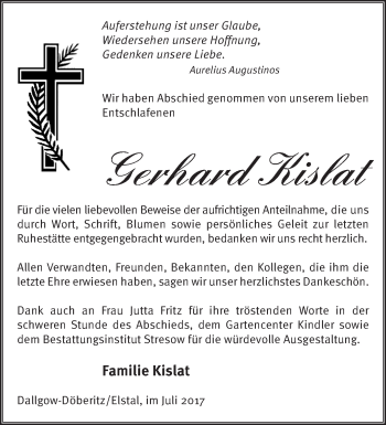 Traueranzeige von Gerhard Kislat von Märkische Oderzeitung