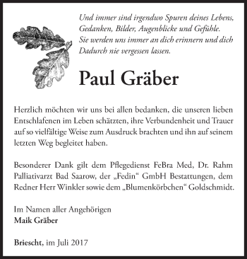 Traueranzeige von Paul Gräber von Märkische Oderzeitung