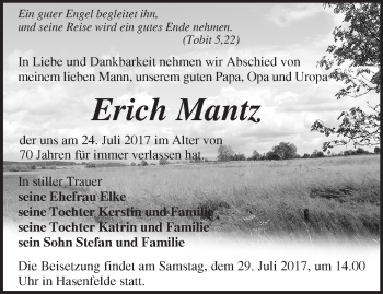 Traueranzeige von Erich Mantz von Märkische Oderzeitung