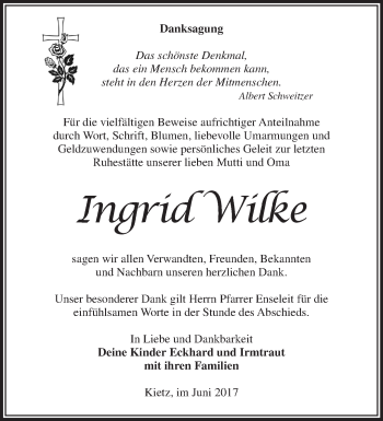 Traueranzeige von Ingrid Wilke von Märkische Oderzeitung