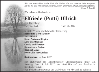 Traueranzeige von Elfriede Ullrich von Märkische Oderzeitung