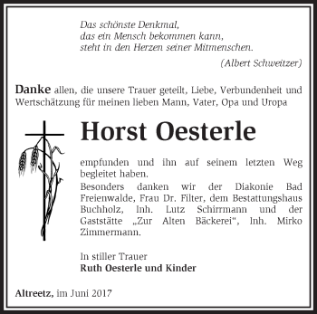 Traueranzeige von Horst Oesterle von Märkische Oderzeitung