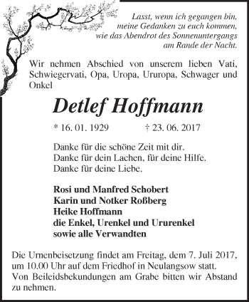 Traueranzeige von Detlef Hoffmann von Märkische Oderzeitung