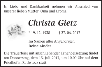 Traueranzeige von Christa Gietz von Märkische Oderzeitung