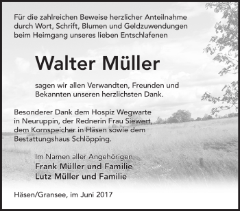 Traueranzeige von Walter Müller von Märkische Oderzeitung