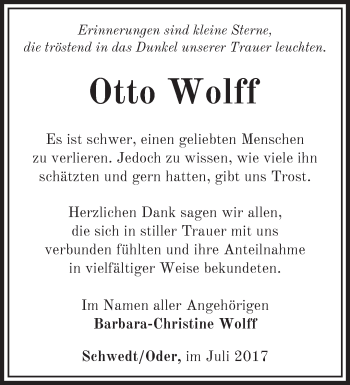 Traueranzeige von Otto Wolff von Märkische Oderzeitung