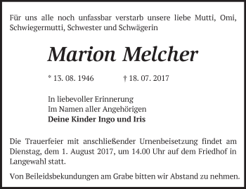 Traueranzeige von Marion Melcher von Märkische Oderzeitung