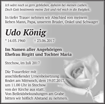 Traueranzeige von Udo König von Märkische Oderzeitung