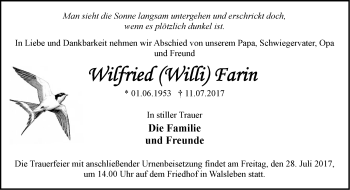 Traueranzeige von Wilfried Farin von Märkische Oderzeitung