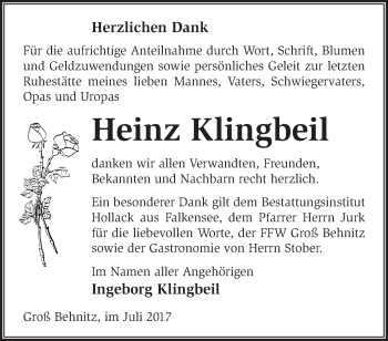 Traueranzeige von Heinz Klingbeil von Märkische Oderzeitung