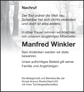 Traueranzeige von Manfred Winkler von Märkische Oderzeitung