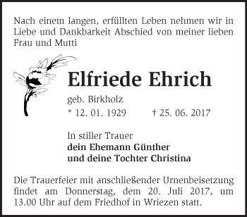 Traueranzeige von Elfriede Ehrich von Märkische Oderzeitung