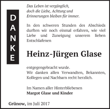 Traueranzeige von Heinz-Jürgen Glase von Märkische Oderzeitung