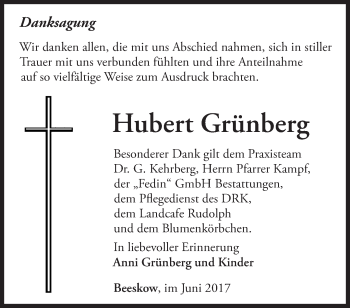 Traueranzeige von Hubert Grünberg von Märkische Oderzeitung