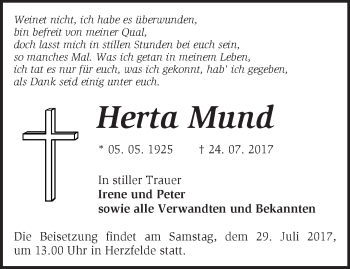 Traueranzeige von Herta Mund von Märkische Oderzeitung