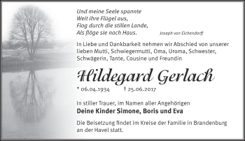 Traueranzeige von Hildegard Eva Gerlach von Märkische Oderzeitung