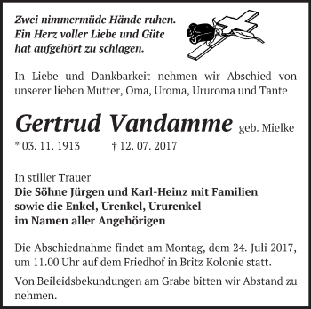 Traueranzeige von Gertrud Vandamme von Märkische Oderzeitung