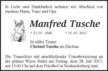 Traueranzeige von Manfred Tusche von Märkische Oderzeitung