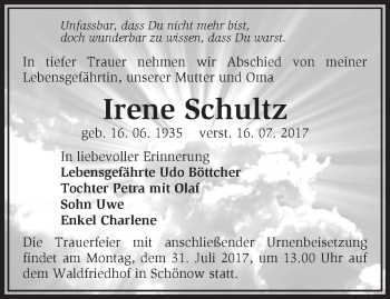 Traueranzeige von Irene Schultz von Märkische Oderzeitung