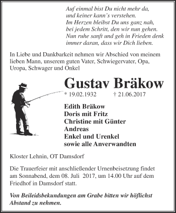 Traueranzeige von Gustav Bräkow von Märkische Oderzeitung