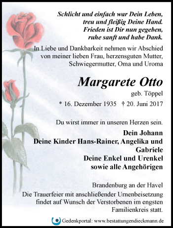 Traueranzeige von Margarete Otto von Märkische Oderzeitung