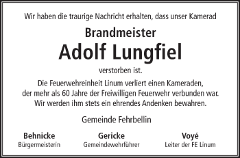 Traueranzeige von Adolf Lungfiel von Märkische Oderzeitung