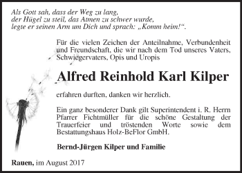 Traueranzeige von Alfred Reinhold Karl Kilper von Märkische Oderzeitung