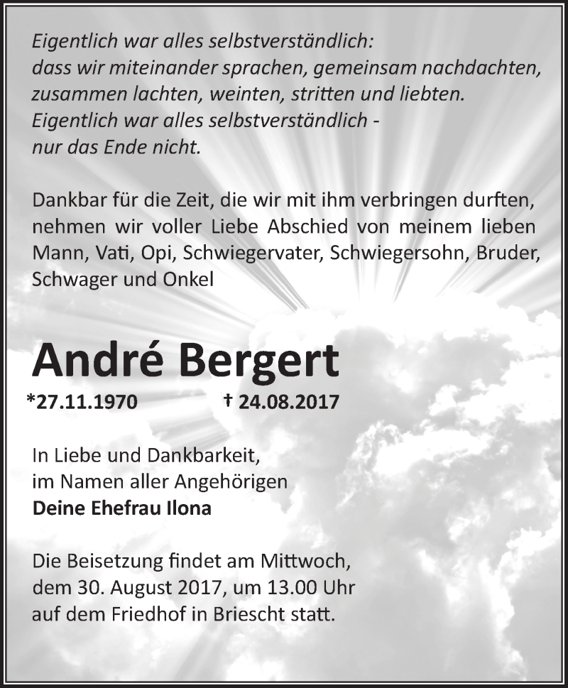  Traueranzeige für André Bergert vom 26.08.2017 aus Märkische Oderzeitung