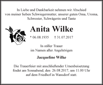 Traueranzeige von Anita Wilke von Märkische Oderzeitung