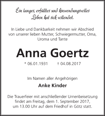 Traueranzeige von Anna Goertz von Märkische Oderzeitung