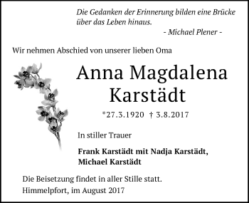 Traueranzeige von Anna Magdalena Karstädt von Märkische Oderzeitung