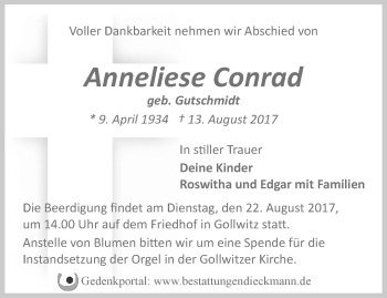 Traueranzeige von Anneliese Conrad von Märkische Oderzeitung