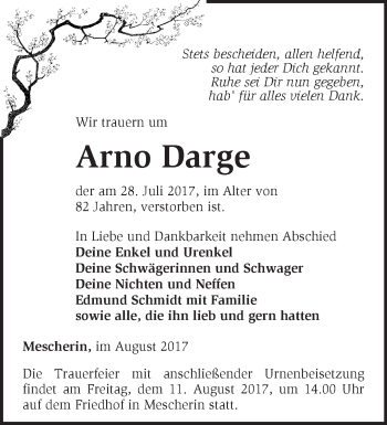 Traueranzeige von Arno Darge von Märkische Oderzeitung