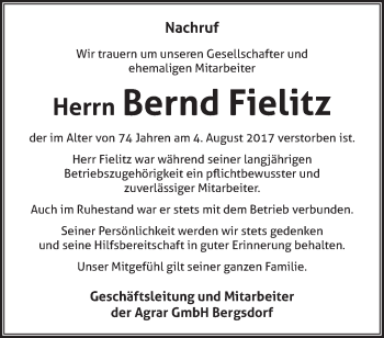 Traueranzeige von Bernd Fielitz von Märkische Oderzeitung