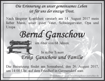 Traueranzeige von Bernd Ganschow von Märkische Oderzeitung