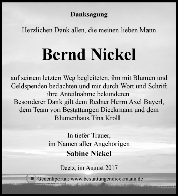 Traueranzeige von Bernd Nickel von Märkische Oderzeitung