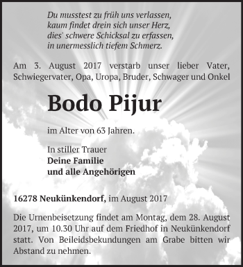 Traueranzeige von Bodo Pijur von Märkische Oderzeitung