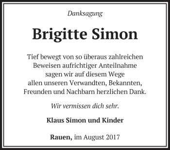 Traueranzeige von Brigitte Simon von Märkische Oderzeitung