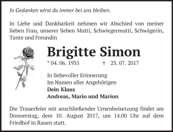 Traueranzeige von Brigitte Simon von Märkische Oderzeitung