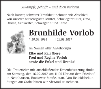 Traueranzeige von Brunhilde Vorlob von Märkische Oderzeitung