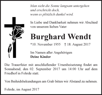 Traueranzeige von Burghardt Wendt von Märkische Oderzeitung