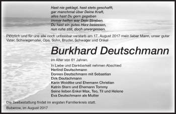 Traueranzeige von Burkhard Deutschmann von Märkische Oderzeitung